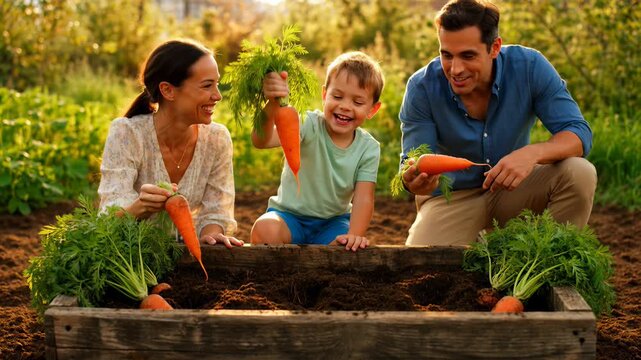 Cheerful young family with a little boy harvesting fresh organic carrots from a wooden raised bed in their backyard garden at sunset, enjoying nature and sustainable outdoor activity.