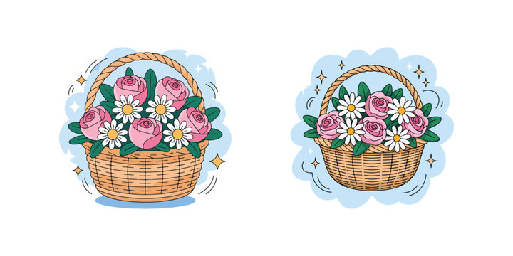  colored vases, flowerpots, buskets with blooming abstract flowers