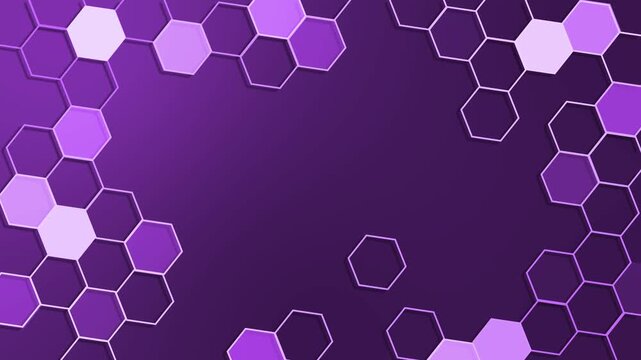 Honeycomb geometric frame on dark background animation, Background with hexagonal honeycomb pattern framing corners and edges