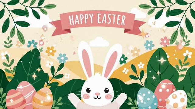 Happy easter bunny greeting animation with eggs