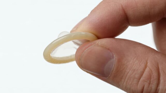Male hand holding latex condom between fingers safe contraceptive protection closeup reminder