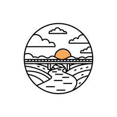 Obraz premium Minimalist Landscape with Bridge and Sunset Icon vector illustration