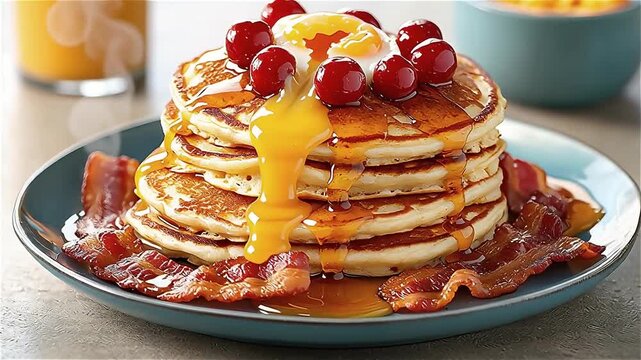 Fluffy pancake stack topped with cherries, syrup, and butter, served with crispy bacon on blue plate for hearty breakfast delight