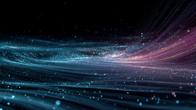 Abstract AI algorithm visualization with glowing lines and digital particles flowing across the scene