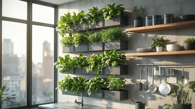 Vertical indoor herb garden growing in wall planters beside shelves and utensils in a modern kitchen