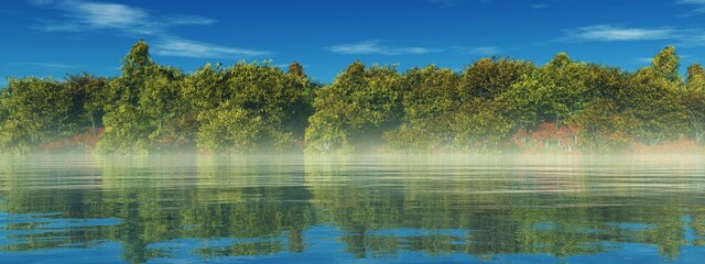 Forest over a river, trees over water, park over a lake, forest and water, 3D rendering © ustas