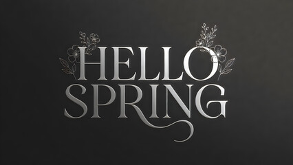 Obraz premium Elegant silver hello spring typography design with delicate floral line art on a dark background