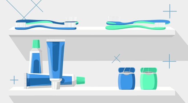 Dental Hygiene Products on Shelves: Toothbrushes, Toothpaste Tubes, and Floss Containers