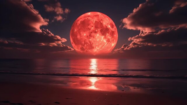 Red Moon Rising Over Water Horizon.