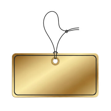 A gold tag with a string