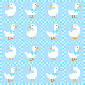 Seamless Pixel Art Goose and Blue Gingham Repeat Pattern
