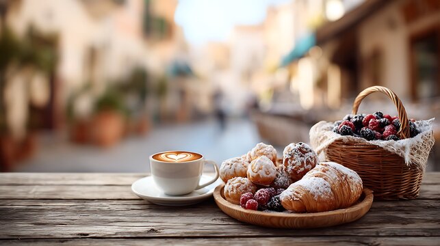A delicious breakfast spread on a rustic wooden table in a charming outdoor setting with pastries and berries