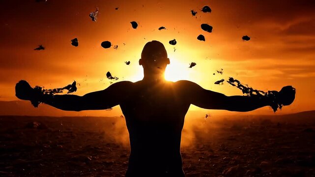 Silhouette of man breaking free sunset.
