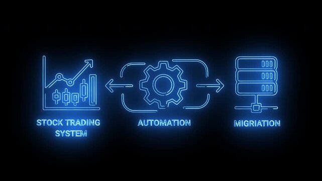 Neon-lit infographic depicting a stock trading system transforming into migration through automation with glowing blue icons on a black background.