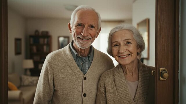 Concerned senior couple peering through doorway. Elderly man and woman look worried, standing in home interior. Family, aging, care, support concept. Authentic lifestyle portrait.