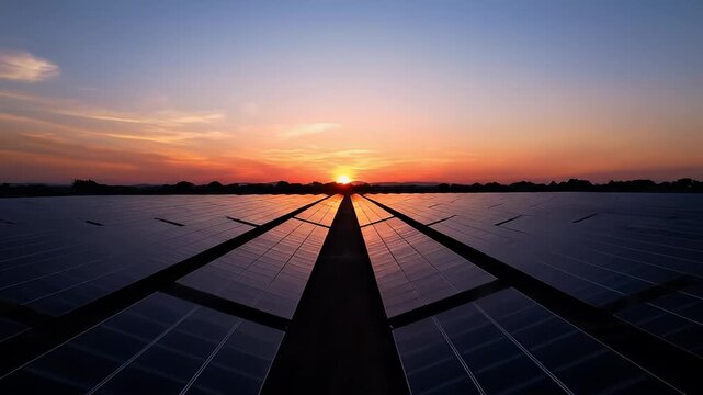 Solar panels at sunset landscape view.