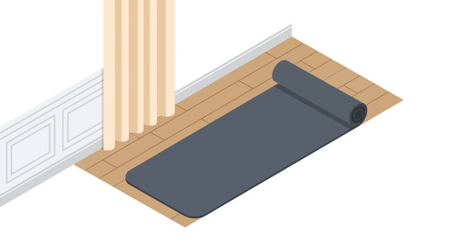 Isometric yoga mat on wooden floor next to window for home fitness and relaxation
