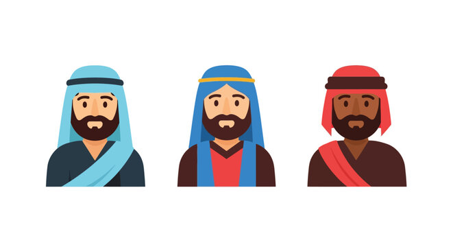 Flat style portraits of culturally diverse bearded men in traditional headwear