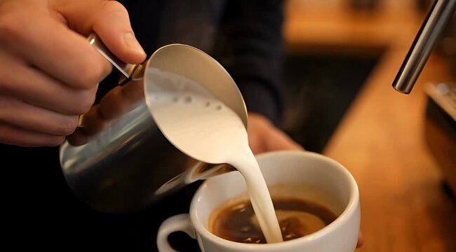 Creamy Milk being Poured into Coffee Cup, Creating Latte Art, Closeup View