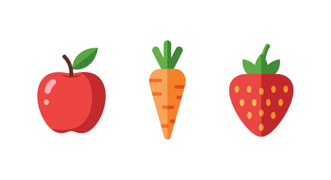 Colorful flat style apple, carrot, and strawberry icons on white background
