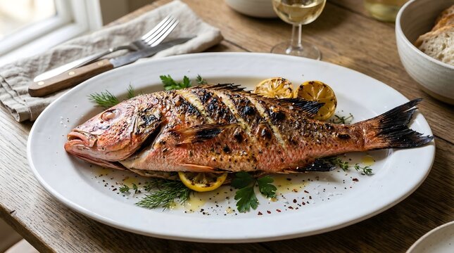Whole grilled red snapper on white oval platter
