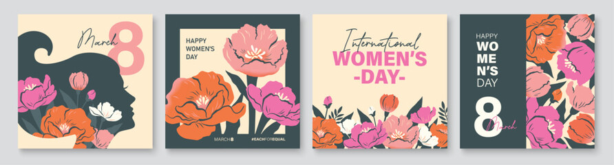 Set of Women's Day greeting cards, posters and floral banners with flowers, leaves and bold typography in flat geometric style using pastel colors and modern decorative compositions. © LittleWhale