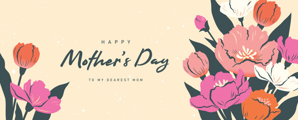 Mother's Day horizontal floral banner with blooming flowers, leaves and elegant typography in flat geometric style featuring pastel colors and modern decorative spring composition © LittleWhale