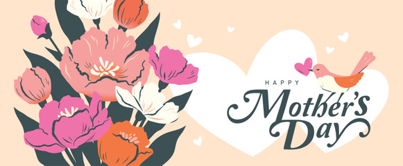 Mother's Day floral banner with blooming flowers, leaves, hearts and elegant typography in flat geometric style featuring pastel colors and modern decorative spring composition. © LittleWhale