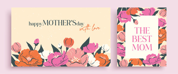 Set of Mother's Day greeting cards and floral posters with blooming flowers, leaves and elegant typography in flat geometric style using pastel colors and modern decorative layouts. © LittleWhale