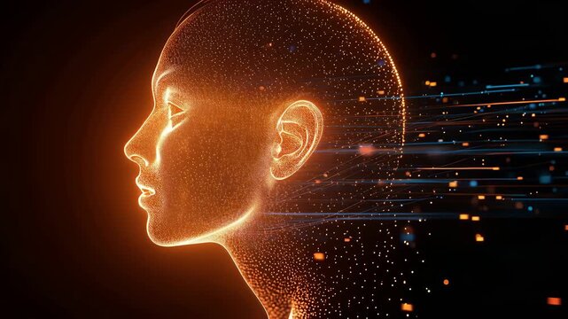Glowing orange human head in side profile formed by tiny particles with horizontal digital light trails