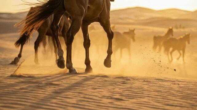 Golden horse leg herd running, kicking sand at desert sunset with dynamic dust motion