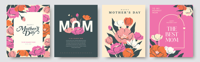 Set of Mother's Day greeting cards, posters and floral templates with blooming flowers, leaves and elegant typography in flat geometric style using pastel colors and modern layouts © LittleWhale