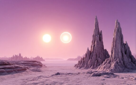 Stunning Alien Landscape with Two Bright Suns and Peaks