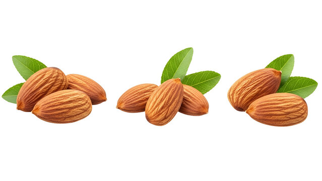 Three sets of almonds with green leaves isolated on transparent background