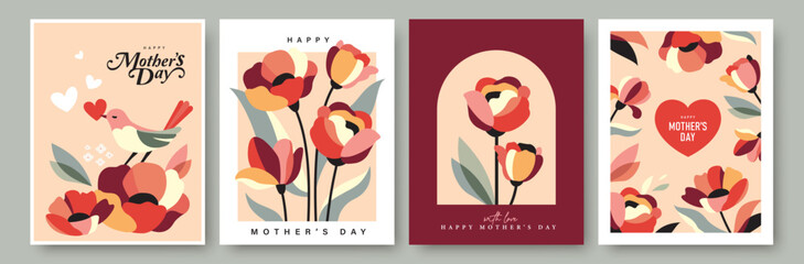 Set of Mother's Day greeting cards, posters and floral templates with flowers, hearts and elegant typography in flat geometric style featuring pastel colors and modern decorative layouts. © LittleWhale