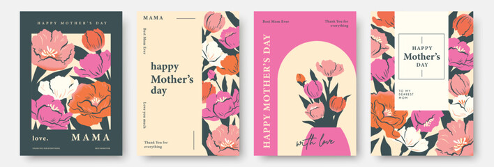 Set of Mother's Day greeting cards, posters and floral templates with bouquet, leaves and elegant typography in flat geometric style with pastel colors and modern decorative layouts. © LittleWhale