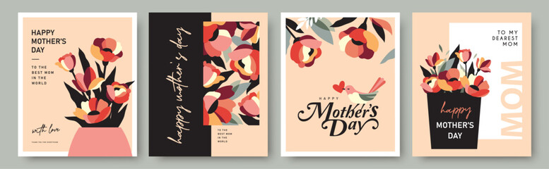 Set of Mother's Day greeting cards, posters and banners with flowers, leaves and elegant typography in flat geometric style using pastel floral patterns and modern decorative compositions. © LittleWhale