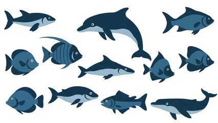 Obraz premium Marine Animals Silhouette Set, Fish Dolphin Whale Dark to Light Blue Elements Isolated on White
