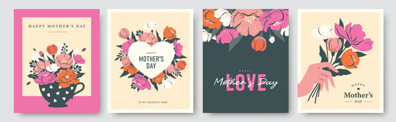 Set of Mother's Day greeting cards, posters and banners with floral bouquet, heart, hands and typography in flat geometric style featuring pastel colors and modern decorative design. © LittleWhale