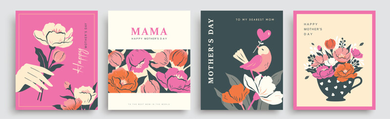 Set of Mother's Day greeting cards, posters and social media templates with flowers, gift box, hands and elegant typography in flat geometric style with pastel decorative layout. © LittleWhale