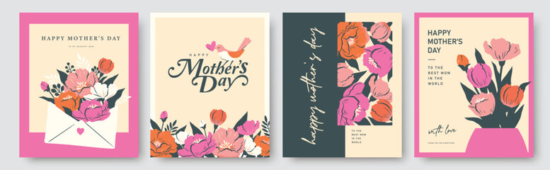 Set of Mother's Day cards, posters and greeting templates with flowers, leaves and decorative typography in flat geometric style with pastel colors, elegant frames and modern layouts. © LittleWhale