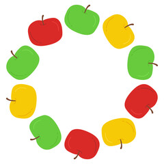 Colorful apples arranged in circle isolated on white background. Round frame. Fruit illustration decorative pattern