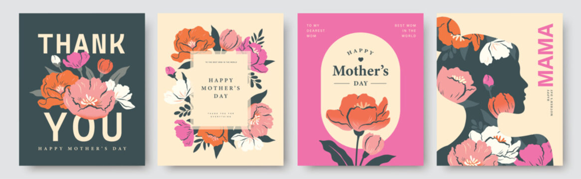 Set of Mother's Day greeting cards, posters and appreciation templates with flowers, portrait and stylish typography in flat geometric style using pastel tones and modern floral layouts.