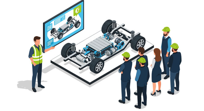 Engineers analyzing electric car chassis in modern isometric presentation