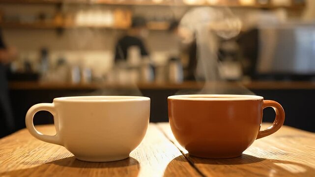 Two coffee cups on wooden table.