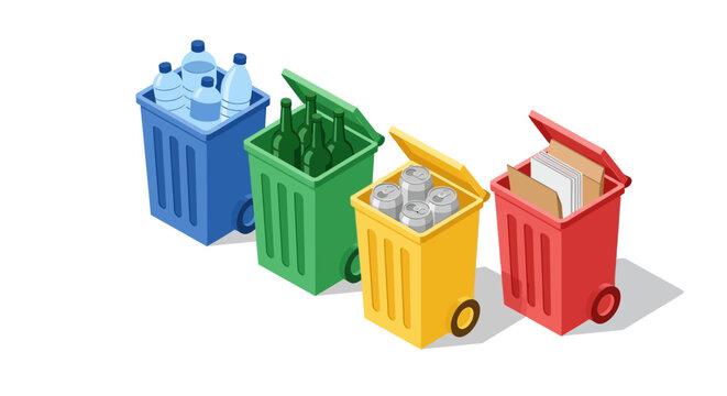 Colorful isometric recycling bins for sorting plastic, glass, metal, and paper waste