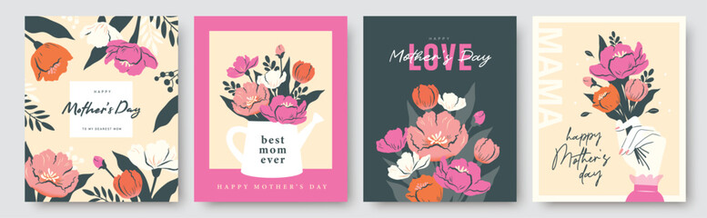 Set of Mother's Day greeting cards, banners, posters and social media templates with flowers, leaves and elegant typography in flat geometric style and soft pastel color palette design. © LittleWhale