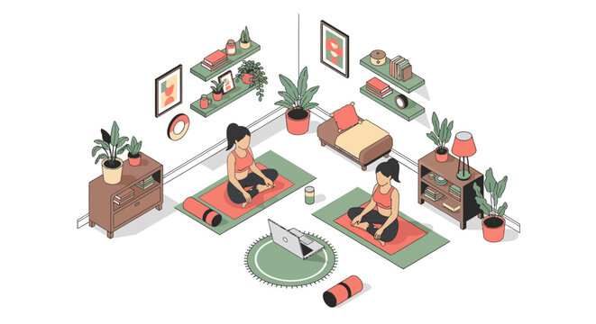 Isometric home yoga practice with plants and decor