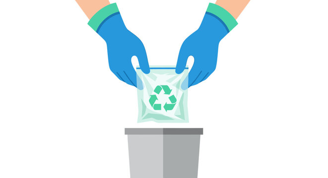 Hands with gloves placing recycling bag in bin: eco-friendly waste management concept