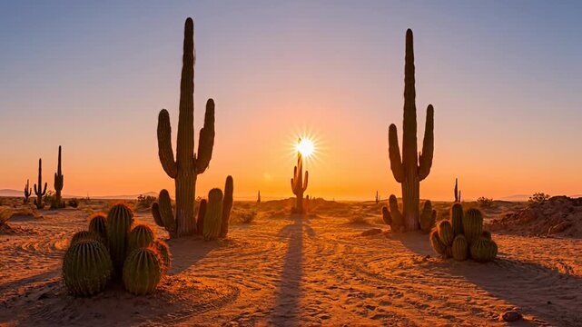 Golden desert landscape featuring saguaro cacti bathed in the warm glow of sunset